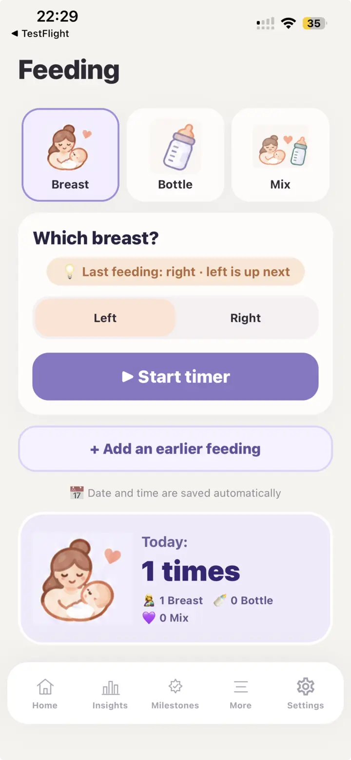 Bubbi feeding screen with breast, bottle and mixed feeding options