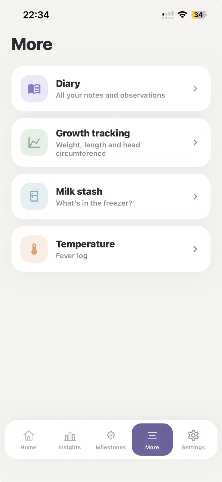 Bubbi More screen showing diary, growth tracking, milk stash and temperature log