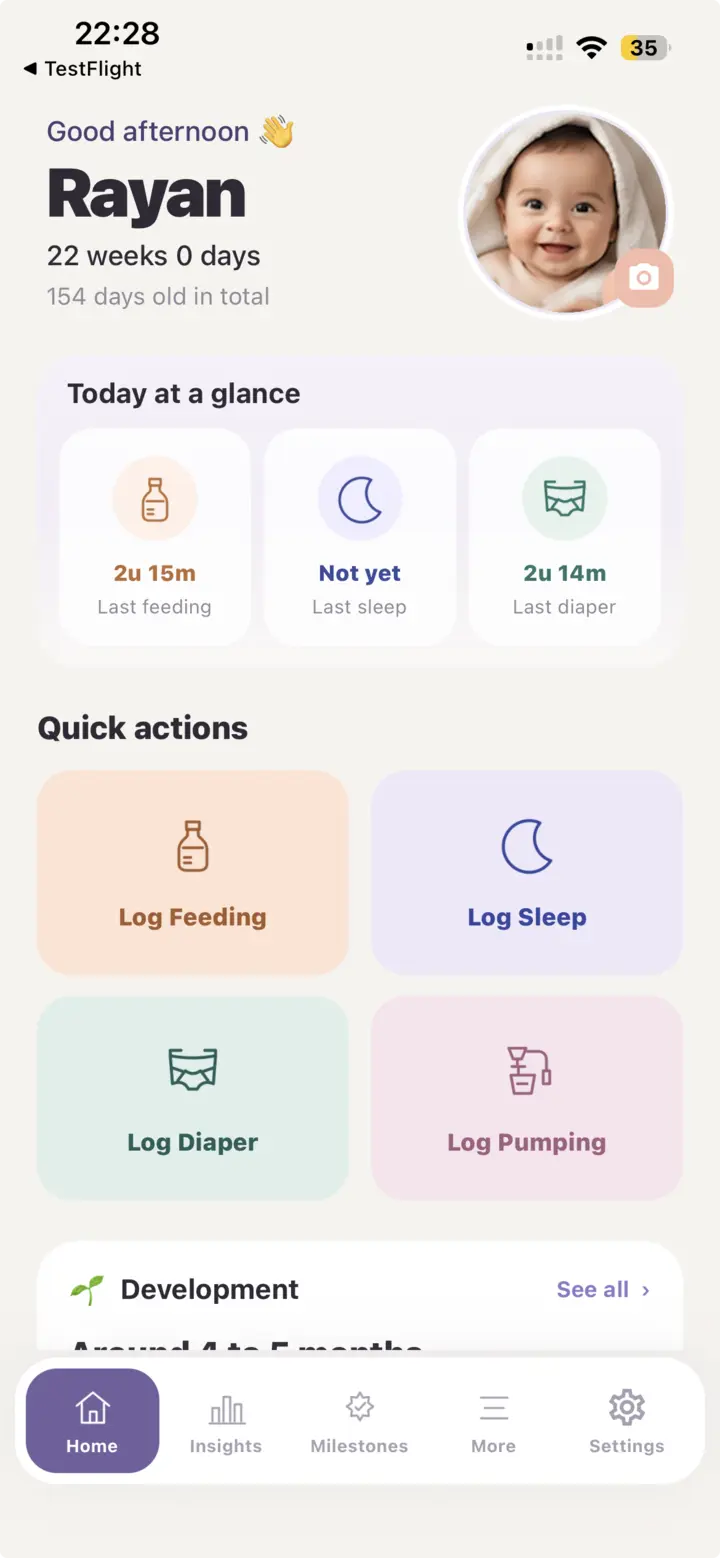 Actual Bubbi home screen with feeding, sleep, diaper and pumping quick actions
